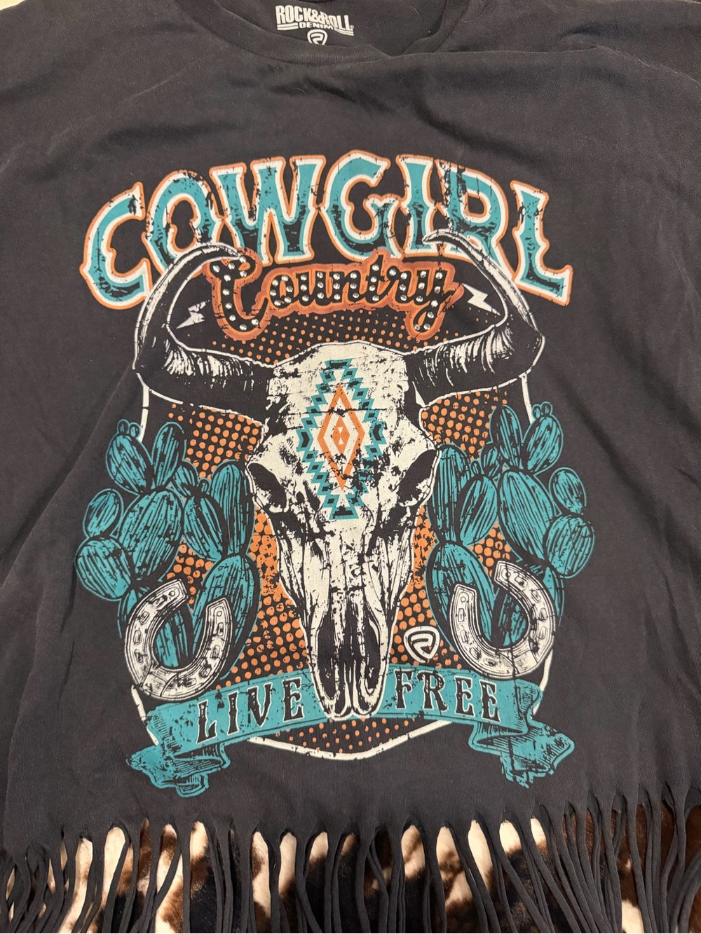 Cowgirl Country Live Free Fringe Tee - Black with Turquoise & Orange Graphic